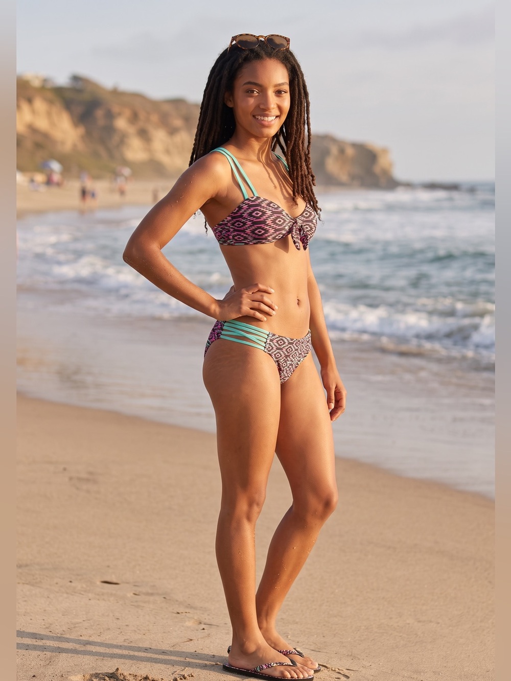 Patterned Purple Bikini with Aqua Strap Accents - Women’s Two-Piece Swim